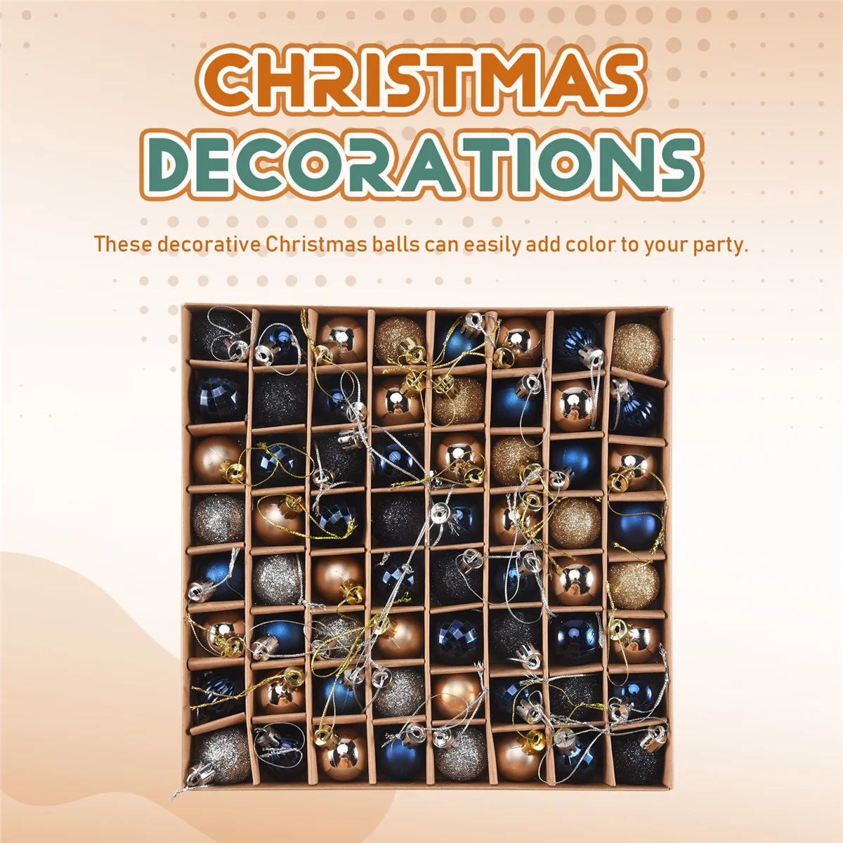 64 Pcs Multipurpose Christmas Ornaments Christmas Gifts Christmas Tree Balls -Blue Gold TQ