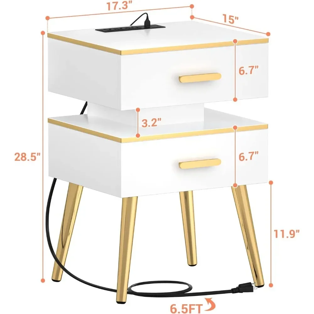 Bedside Table Night Stand with Charger Station and Drawers, Black Nightstand, Charging Station, LED,  28.5 in