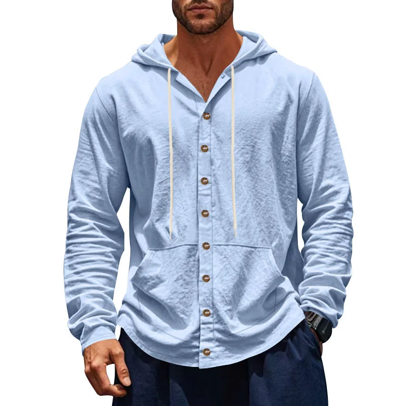 Spring and Autumn Loose Men's Shirt Loose Line Casual Simple Beach Hooded Long Sleeve Shirt