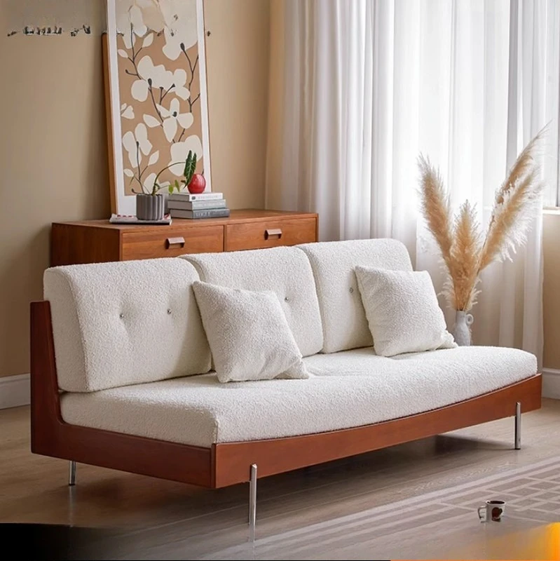 

Japanese log style armless lamb wool Nordic Japanese retro solid wood living room straight row small apartment bed and breakfast