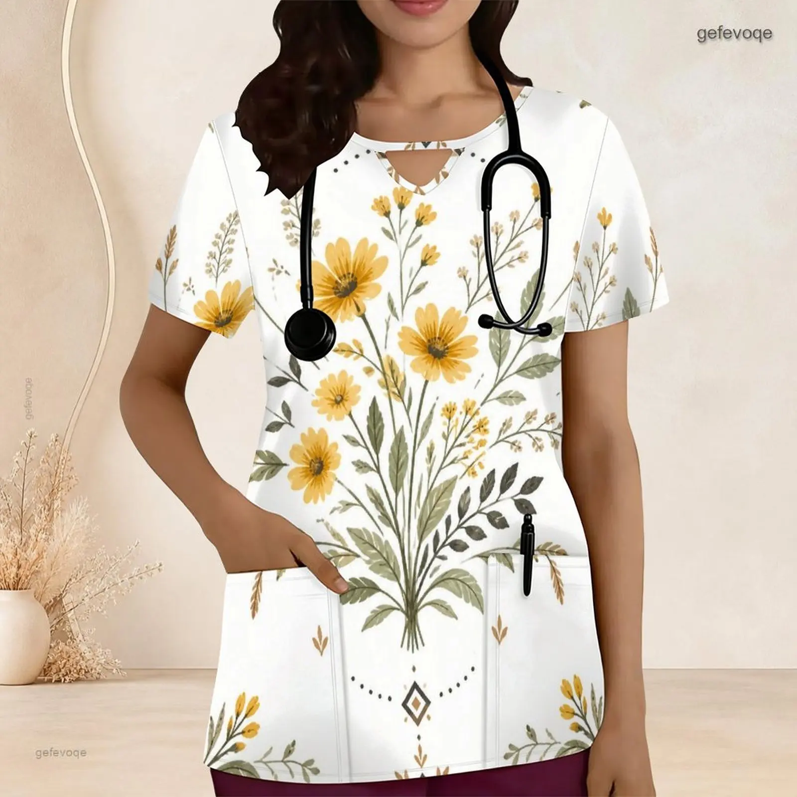 Women Printed Scrub Top Keyhole Neck Short Sleeve Front Pockets