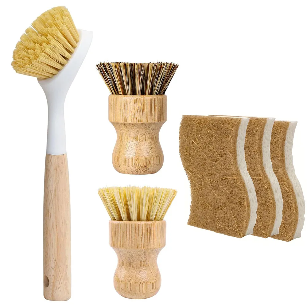 6Pcs Bamboo Dish Brush & Sponge Set, Wooden Handle Kitchen Scrub Brushes with Natural Sisal & Palm Fiber Heads