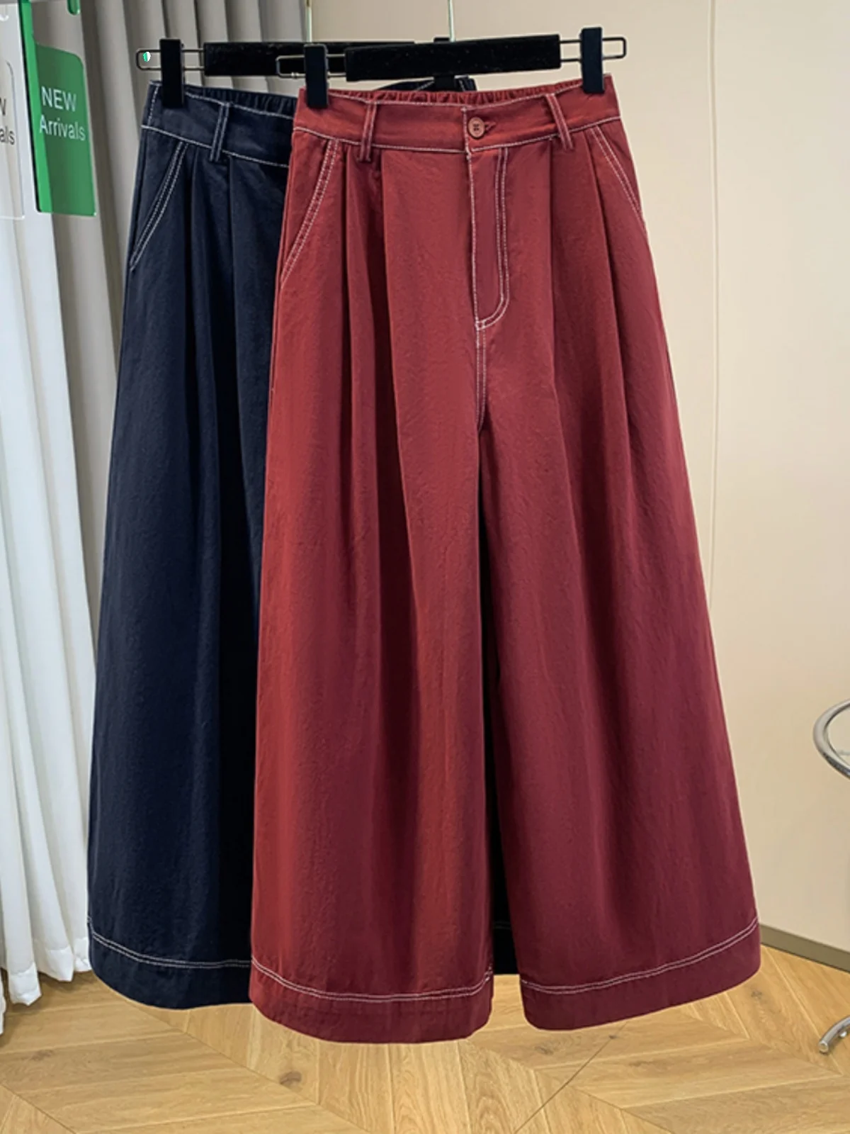 plus Size Women's Red Wide Leg Pants High Waist Straight Cut Loose Fitting Slimming Trousers for Pear Shaped Ladies