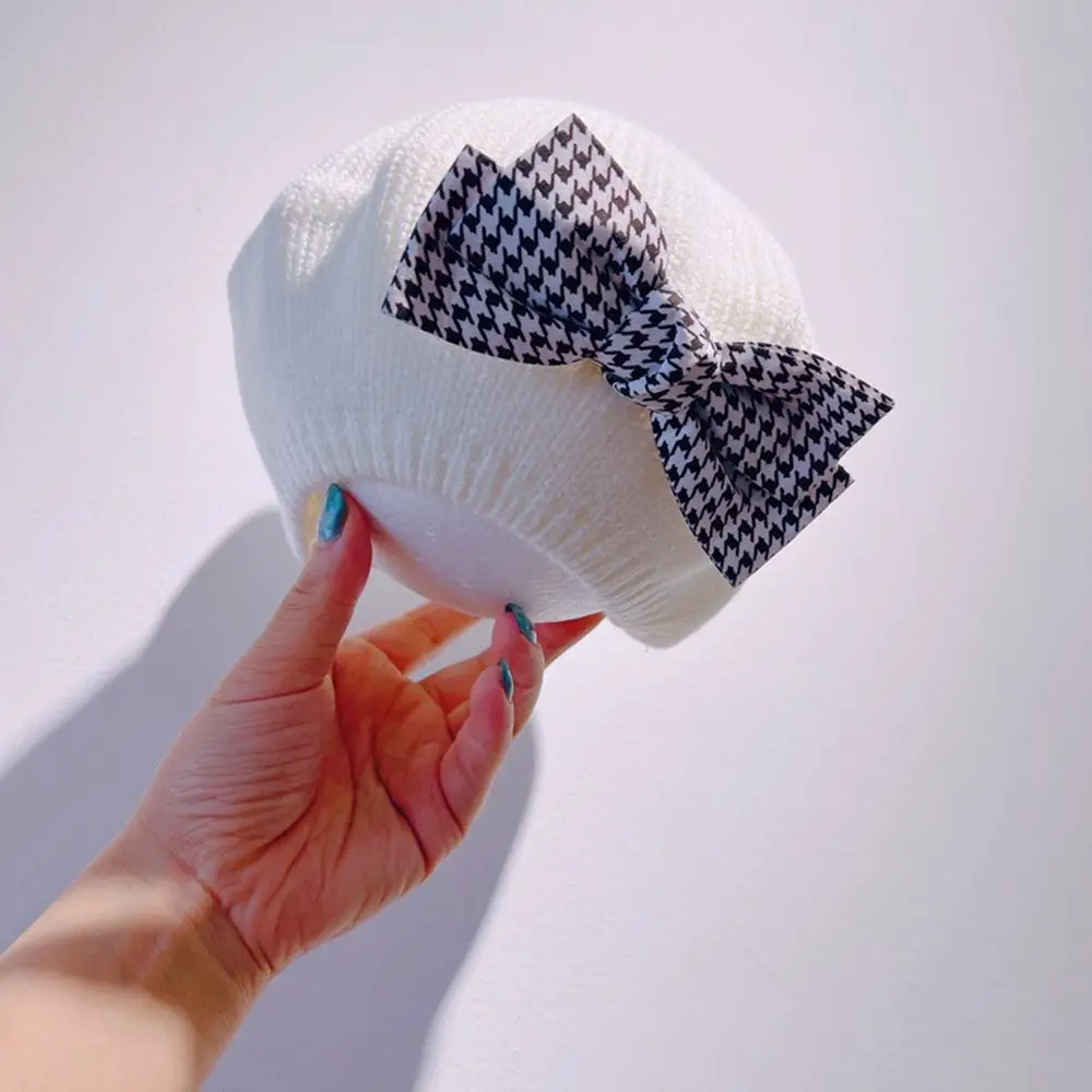 

Зимняя утепленная шапка в корейском стиле с узором «гусиная лапка», однотонная, шерстяная, теплая, с перчатками и бантом, для девочек, берет