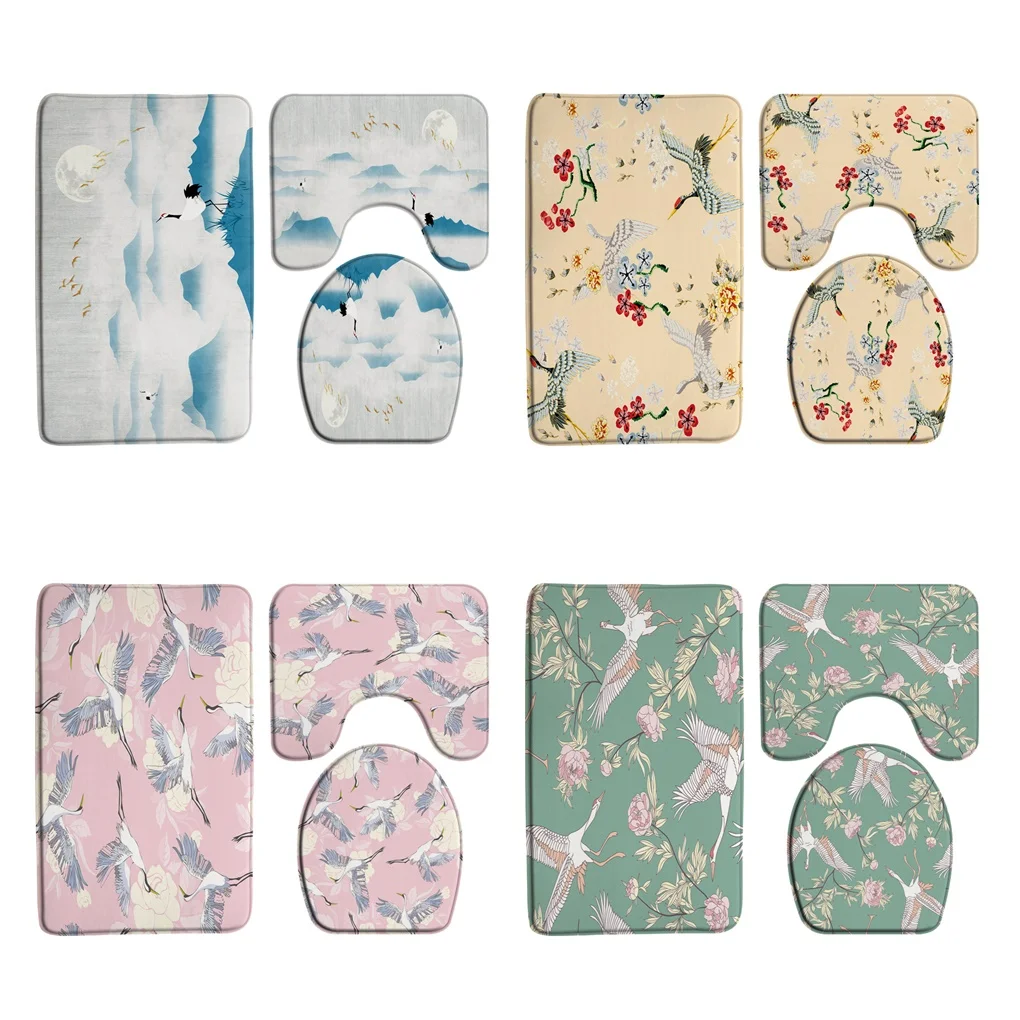 

Japanese Cranes Bathroom Rug Sets Non-Slip Birds Animal Abstract Scenery Bath Mat Carpet Toilet Lid Cover Flannel Floor Doormat