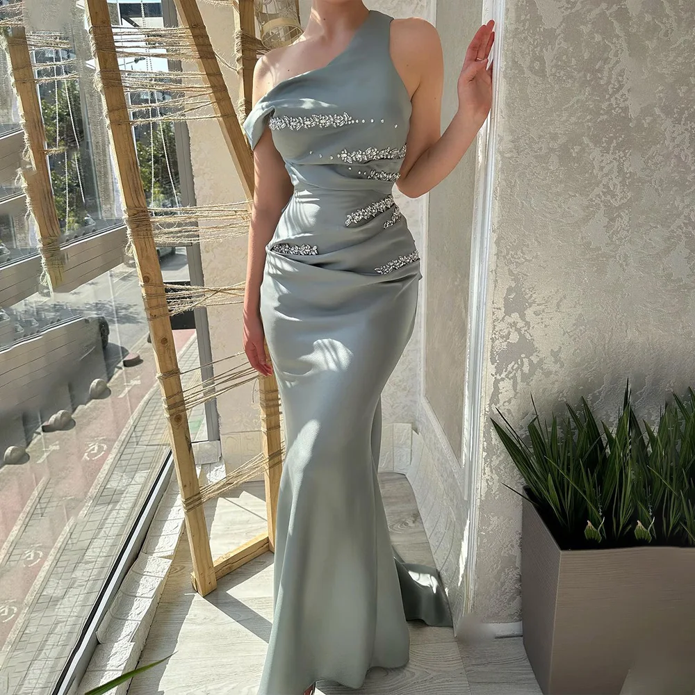 

Viisher One Shoulder Mermaid Evening Dresses Beads Satin Bodycon Prom Party Dress Floor Length Formal Evening Gowns