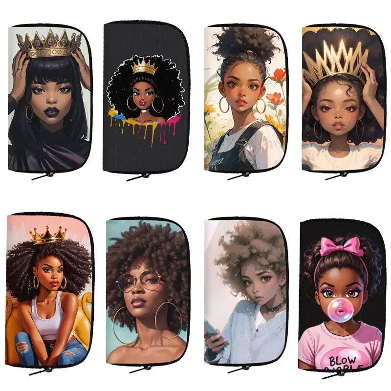 Afro Women Pattern Print Wallet American Africa Girls Purse Key Credit Card Earphone Holder Black Money Bag Long Wallets