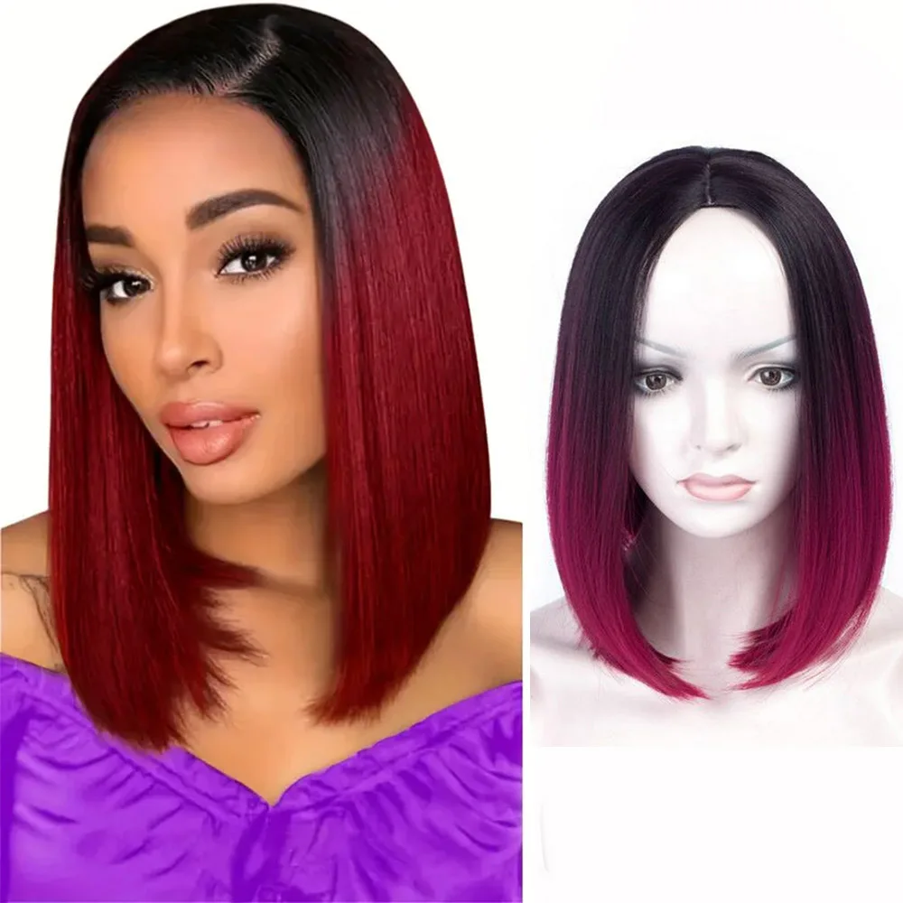 

12inch Short cut Bob Straight hair Synthetic Asian wig Ombre colorful Heat Resistant no bangs Lolita cosplay women party use wig