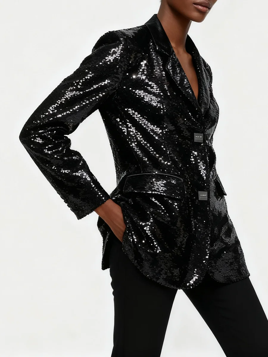 VGH الصلبة تصميم تحسس الترتر الحلل للنساء التلبيب كم طويل تقسم زر الخريف مزاجه السترات الإناث موضة جديدة