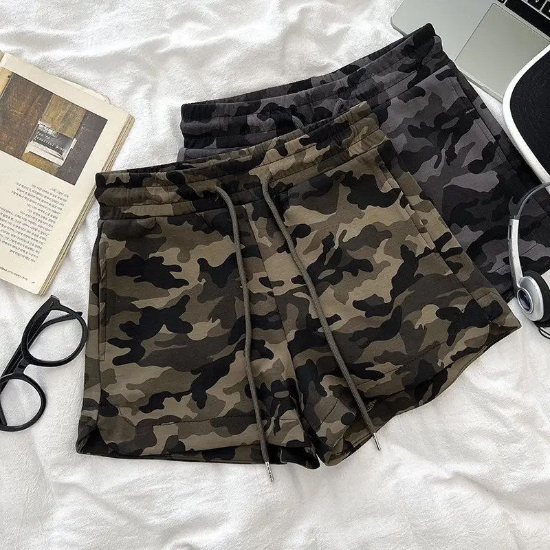 

Summer American Camouflage Hot Pants For Women Casual Fashion Retro Print Drawstring Elastic Waist Spicy Girl Slim Shorts