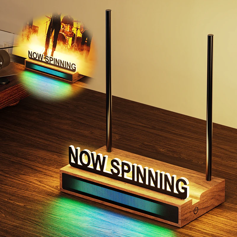 Now Spinning Vinyl Record Stand with Warm White LED & RGB Sound-Control Light Bar, Light-Up Vinyl Display Holder with Fingerprin
