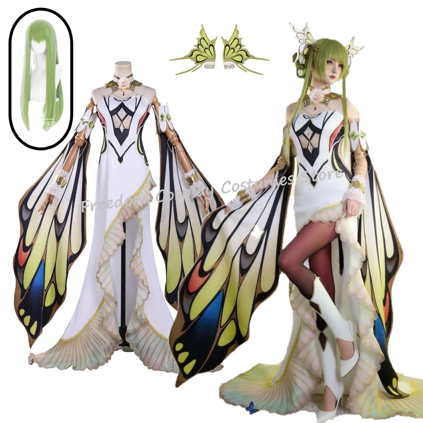 In stock Anime C.C. Code Cosplay Costume C.C. New Women butterfly sexy dress necklace accessories props wig set Halloween suit
