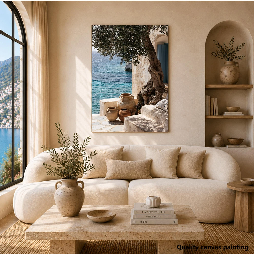 Mediterranean Sea View Canvas, Rustic Olive Tree, Clay Pots Wall Art, Coastal Home Decor, Sunlit Terrace Canvas Home Living Room