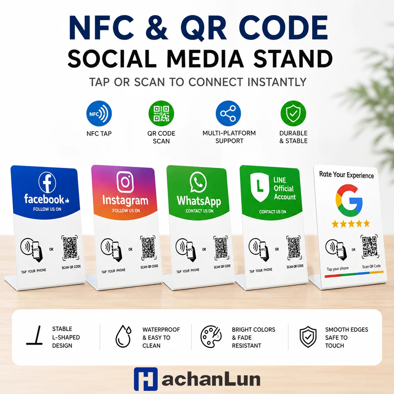 NFC QR Code Social Media Stand Multi Platform PVC Display Sign for Instagram WhatsApp Facebook LINE Google Review Card