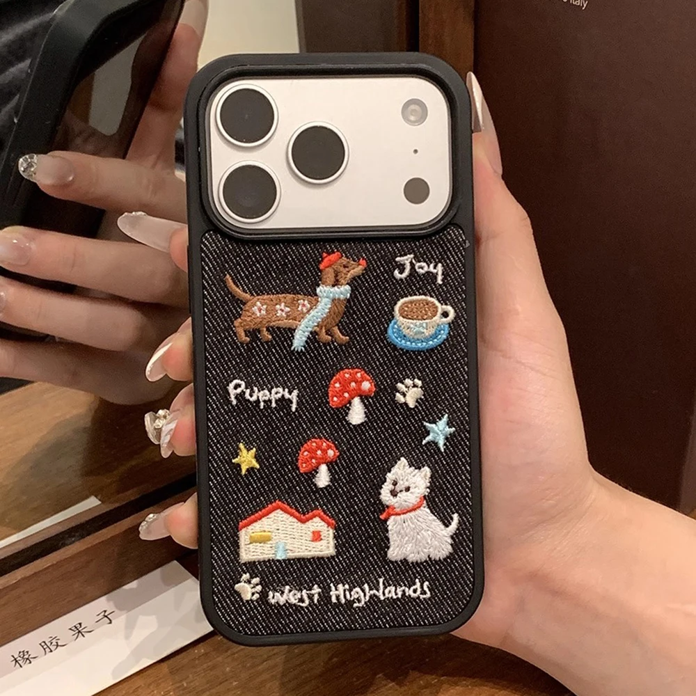 

Autumn-Winter Cute Puppy Warm Fabric Retro Denim Embrpoidery Phone Case For iPhone 17promax 16 15 14 Pro Max Shockproof Cover