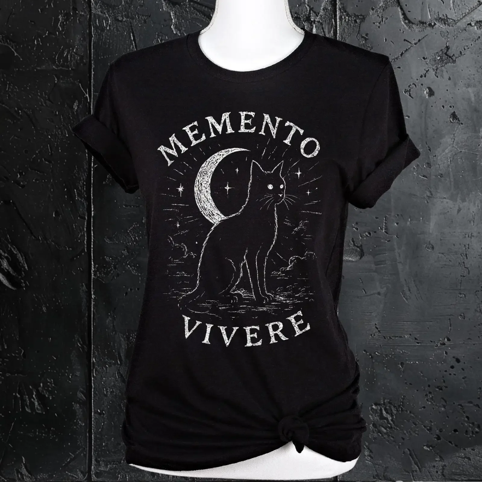 Memento Vivere Cat T Shirt Witchy Gothic Dark Academia vintage Washed homme Soft Slightly Stretched Versatile streetwear