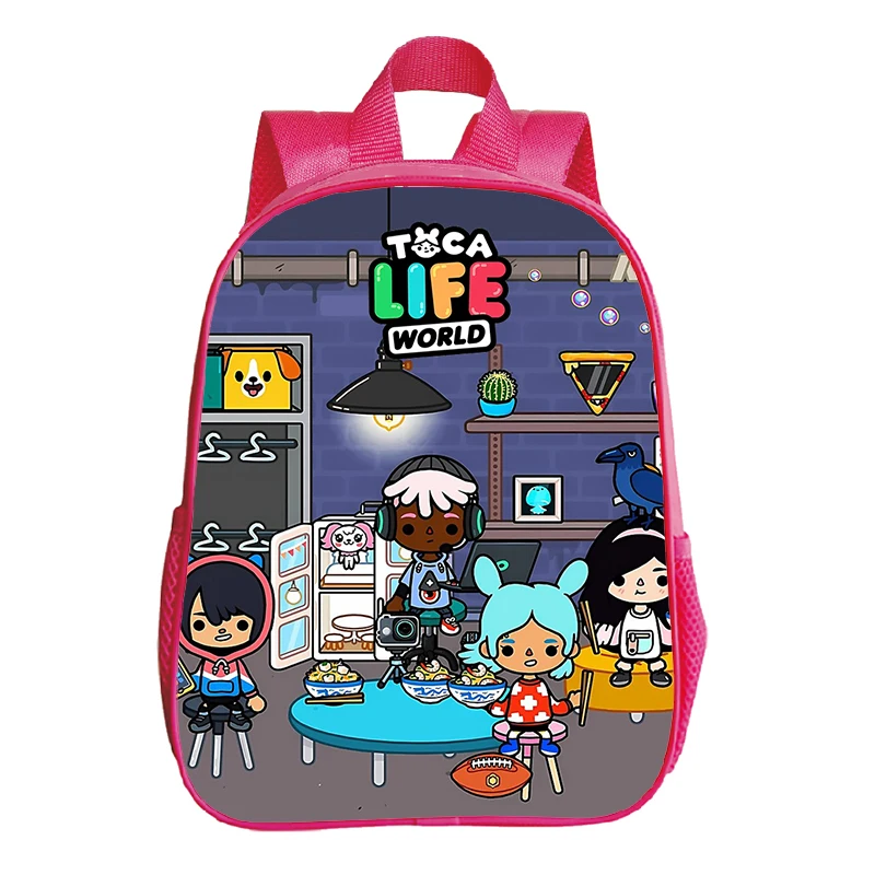 Pink Toca Life World Print Mochila para Crianças, Toddler School Bags, Cartoon Kindergarten Boobag, Kawaii, Childcare Bag, Meninas, 12"