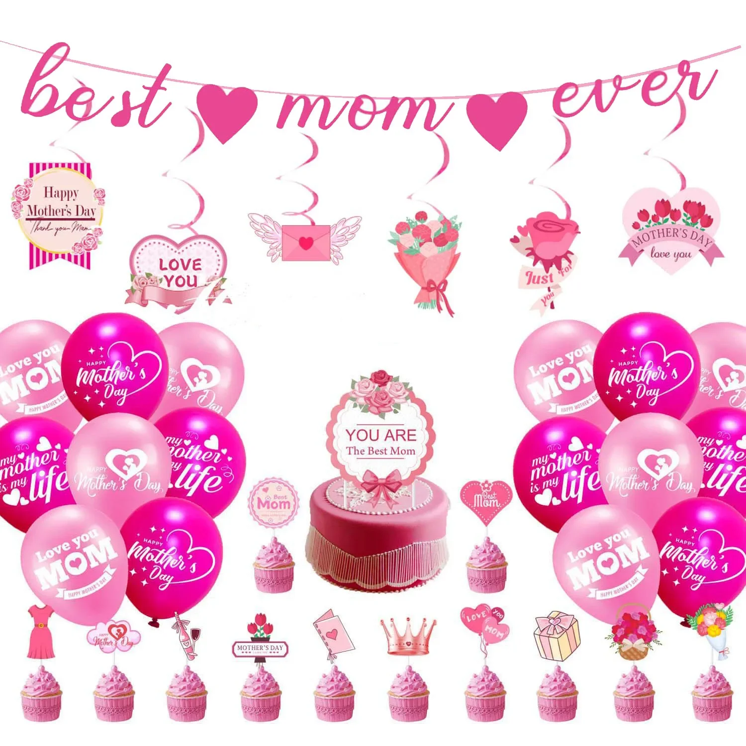 Sweet Pink Happy Mother\'s Day Theme Party Banners I Love You Mom Balloon Hanging Swirls for Mother’s Day Party Decorations