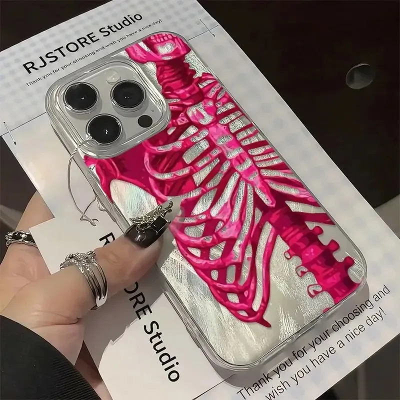 Pink Purple Skull Feather Gauze Phone Case For IPhone 16 15 14 13 12 11 Pro Max 7 8 Plus SE2 X XS Max XR Shockproof Hard Cover