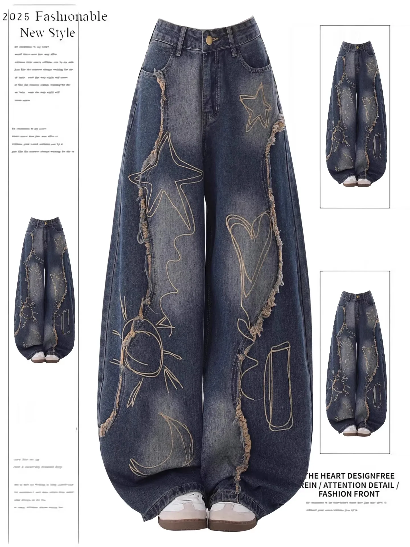 

American Retro Embroidered Frayed Workwear Denim Jeans Women's Spring Autumn Loose Slim Wide Leg Pants Knife Pants