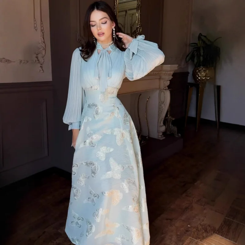 

2025Spring Elegant Noble Long Sleeve Dynamic Romantic Temperament Gold Stamping Long Dress for Women