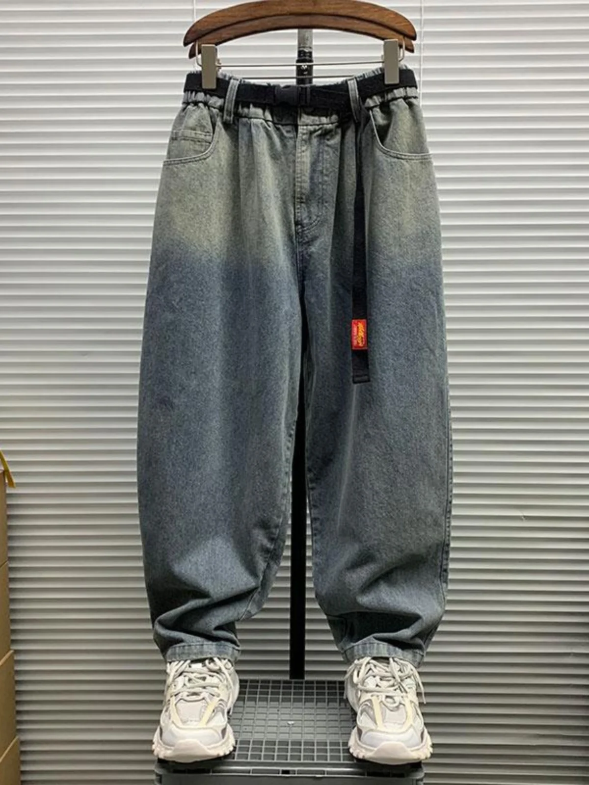 

Мужские джинсы с широкими штанинами в стиле ретро, с высокой талией, прямого кроя, повседневные, длинные брюки, винтажные джинсовые штаны из денима