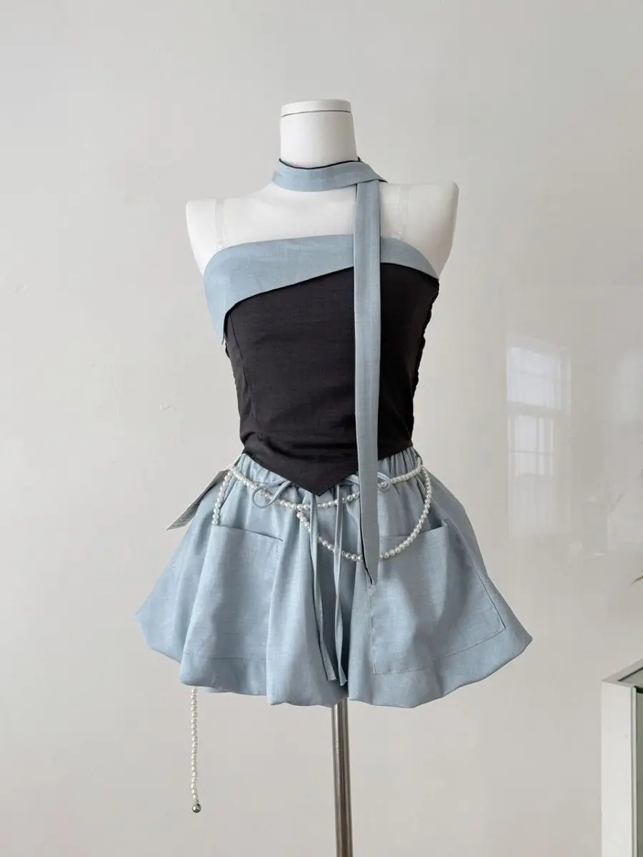 

Sexy Spicy Short Set Irregular Color Block Hanging Neck Tube Top Vest Mini Skirt Women's Fashion Casual Skirts Two-Piece Set