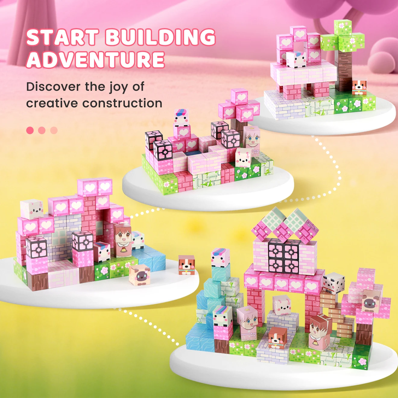 ZHENFINITY 100 SZT. Magnetyczne Klocki STEM Różowy Las Park Tematyczny Prezent Edukacyjny dla Dzieci |   Prezent na urodziny i Boże Narodzenie