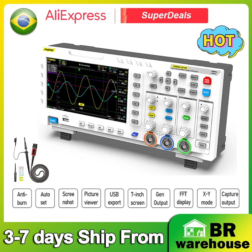 BR Stock FNIRSI 1014D Portable Digital Oscilloscope Osciloscopio Multimeter 100MHz*2 2 In 1 Dual Channel Input Signal Generator