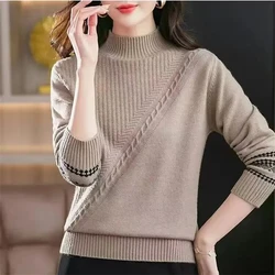 2024 Autumn Women Pullover Sweater Fashion Half Turtleneck Knitted Female Jumper Long Sleeve Winter Black Soft Elastic Blouse