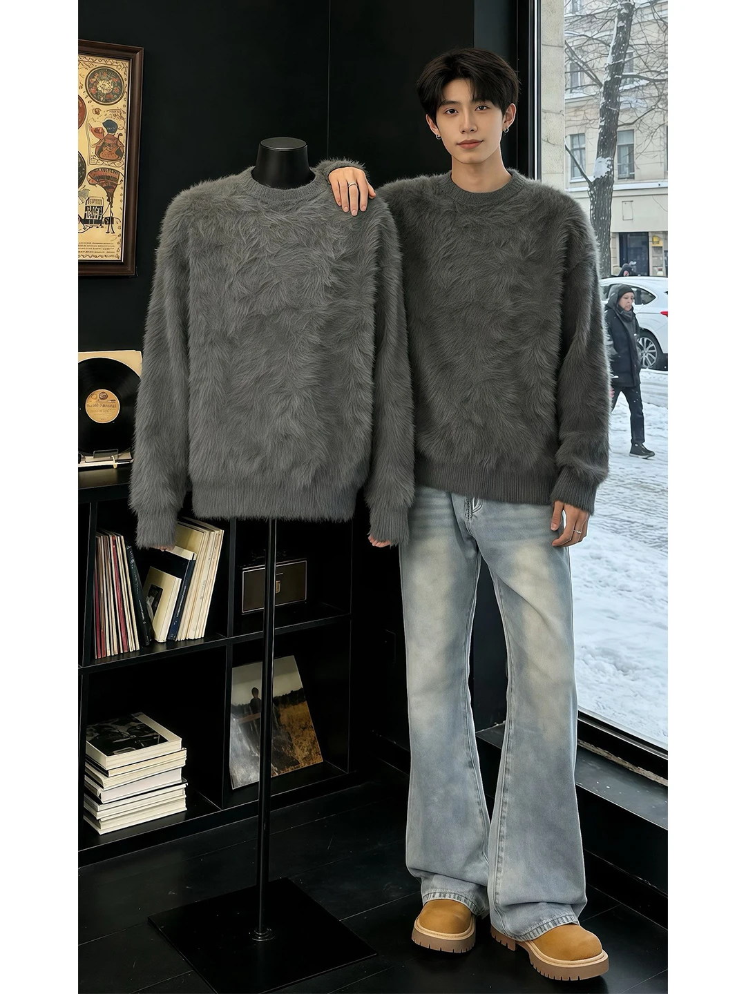 

Мужской вязаный свитер из норки глубокого серого цвета, зимний, в стиле lazy style, базовый слой, корейский стиль, свободный крой, для молодых мужчин, повседневная одежда