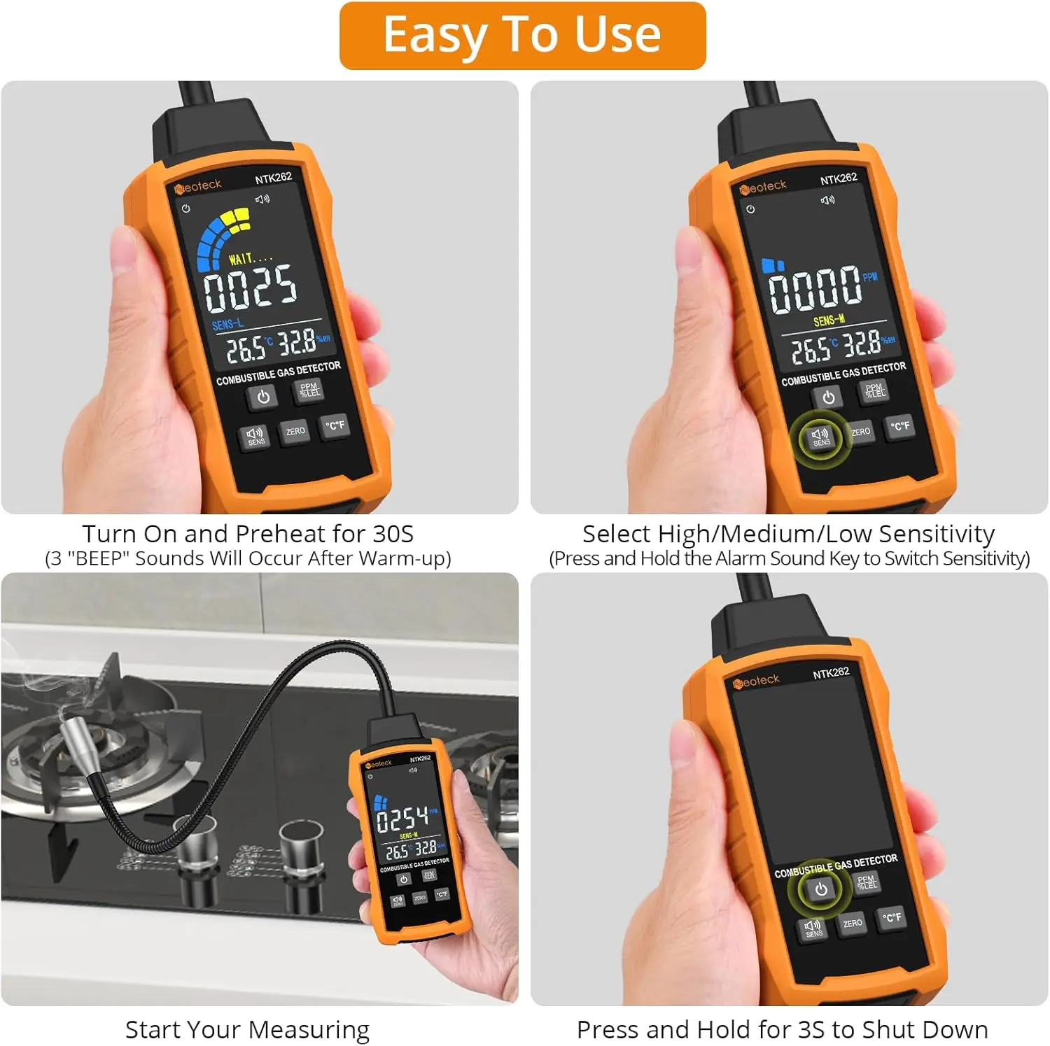 Neoteck Rilevatore di gas naturale 0-9999PPM/0%-20% Rilevatore di fughe di gas LEL con rilevatore di gas combustibile a collo di cigno da 12" con 3
