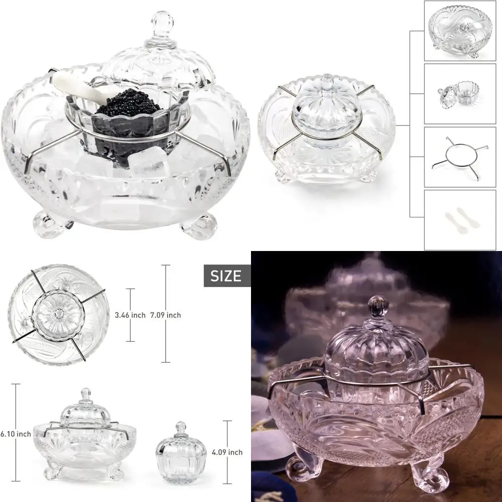 

Роскошная стеклянная разделенная сервировочная миска с перламутровыми ложками для икры — элегантный набор икра для обеда для гурманов