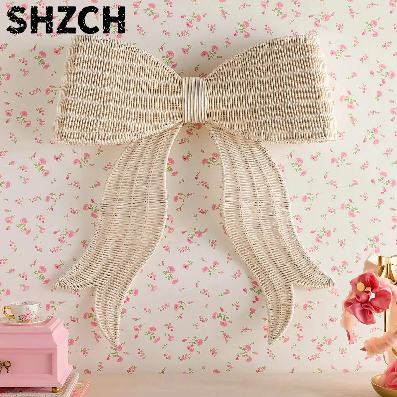 Nordic Woven Rattan Bow Wall Hanging Handmade Princess and Queen Cottage Decor Cute Room Wall Sticker Scandi Style Nursery Decor
