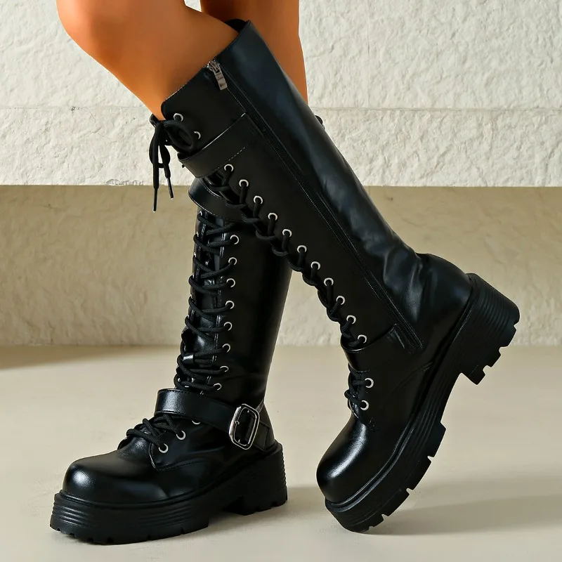 Platform Chunky Sole Women Knee High Boots Lace Up Double Buckle Side Zipper Shoes Punk Style Leather Long Motorcycle Boots view 3