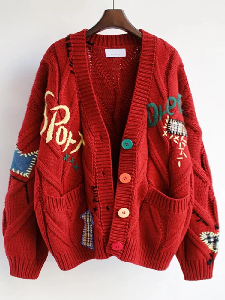 Maglione cardigan da donna con scollo a V in maglia spessa High Street patchwork ricamato invernale Cardigan monopetto per abbigliamento donna