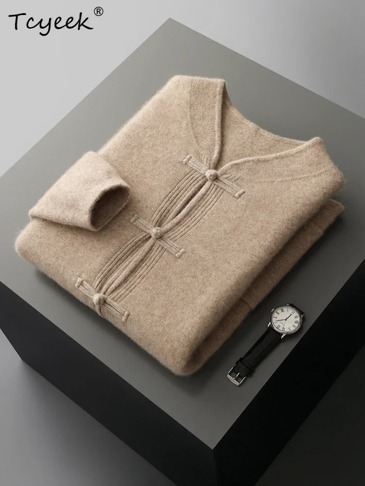 New Chinese Style Men's Jacket 100% Cashmere Sweater Coat Mandarin Collar Knitwear Autumn Winter Thicken Vintage Cardigan Pocket