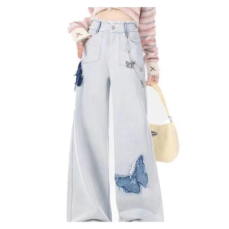 

Женские брюки в американском ретро-стиле с вышивкой бабочек, слегка расклешенные джинсы, детские летние джинсы с высокой талией, прямые штанины.