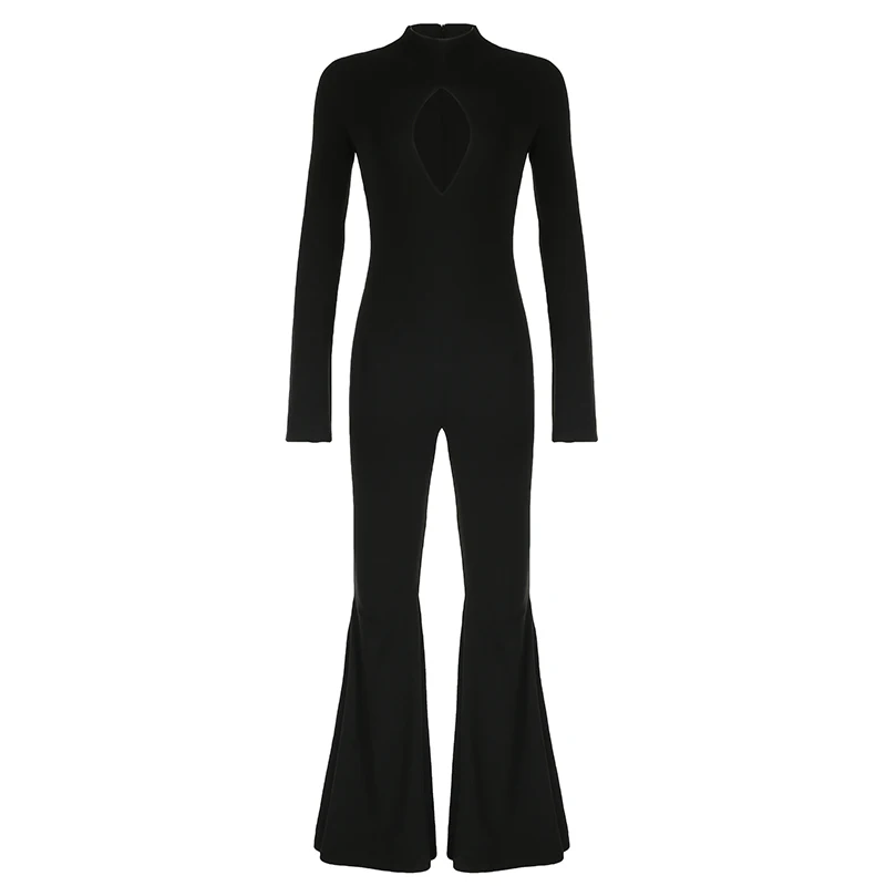 BIIKPIIK Sexy Hollow Out Black Flare Jumpsuits Gothic Long Sleeve Autumn Women Rompers Dark Slim Fit Jumpsuit Halloween Festival