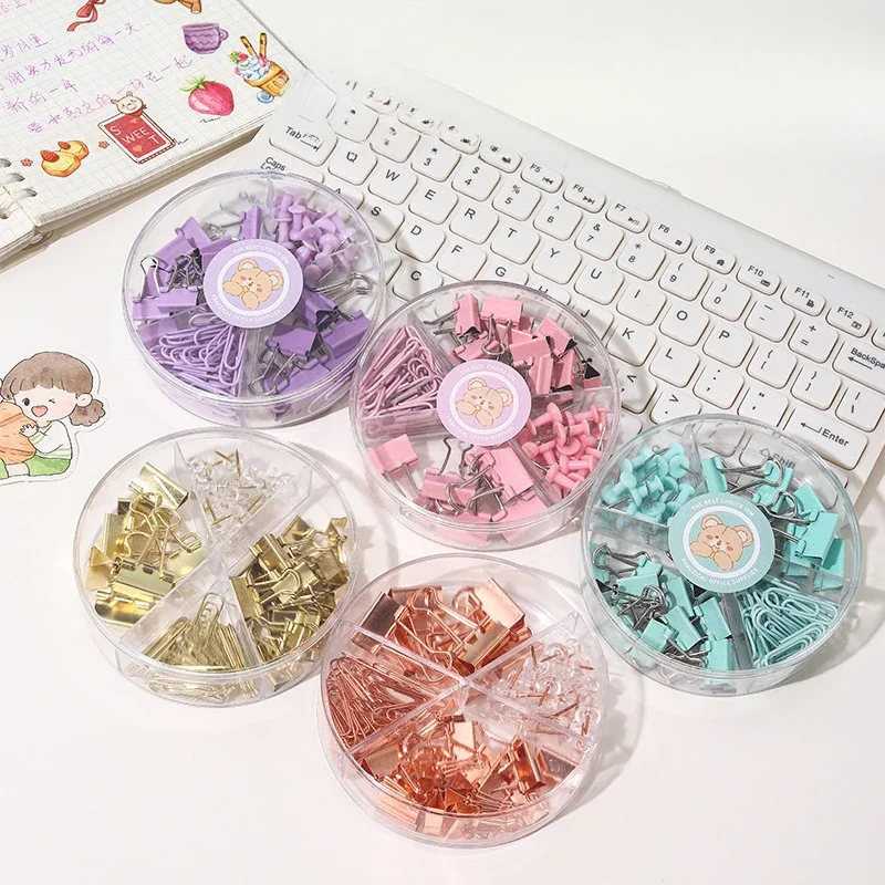 65PCS/Set Multifunction Paper Clip Thumbtacks Binder Clip Set Macaron Color Four Grid Office Supplies Paper Long Tail Clip Pin