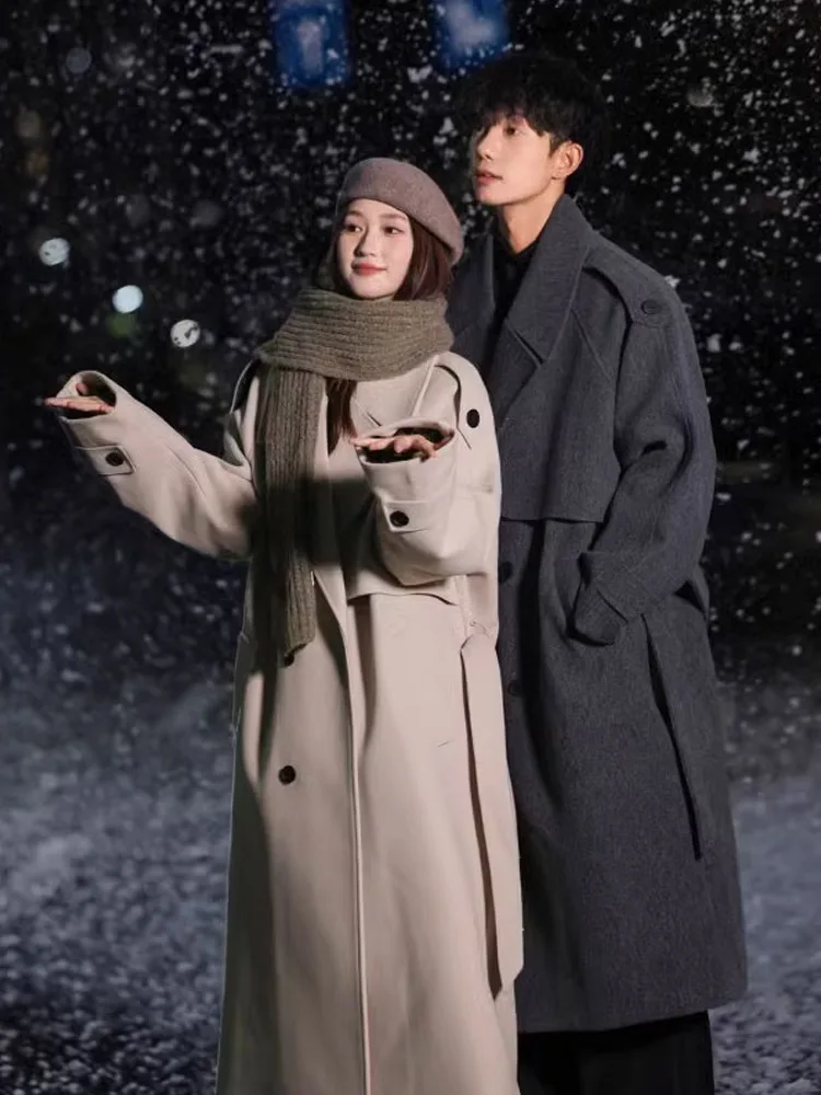 معطف صوفي سميك على الطراز الكوري للرجال سترة شتوية طويلة موضة الشباب كلاسيكية زر إغلاق بلون واحد ملابس خارجية #2