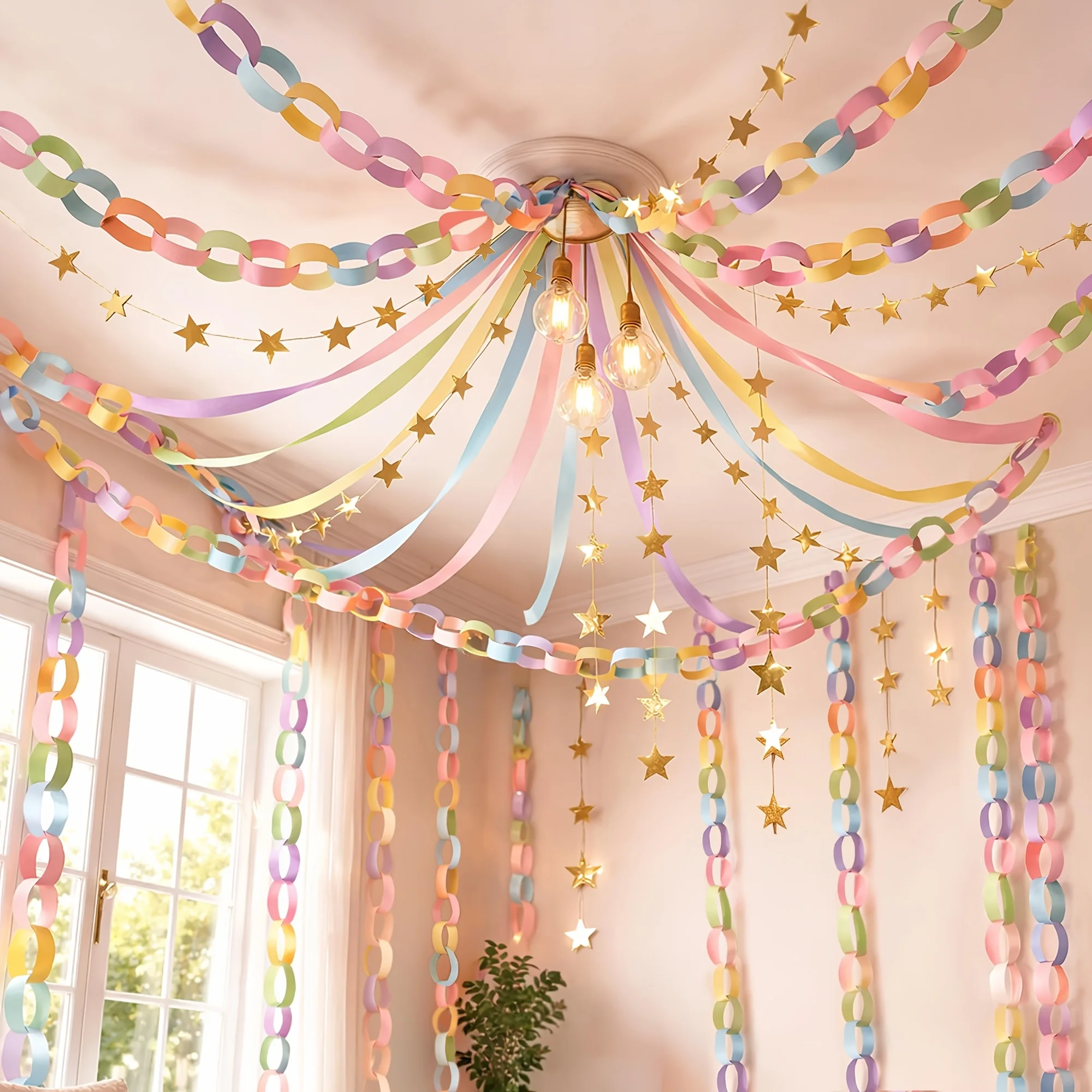 1 Stück Regenbogen-Papierketten-Hängeornamente, Nordischer Stil Regenbogen-Hängering-Dekorationen, Party-Feiertags-Hochzeits-Szenendekoration – Detail 1