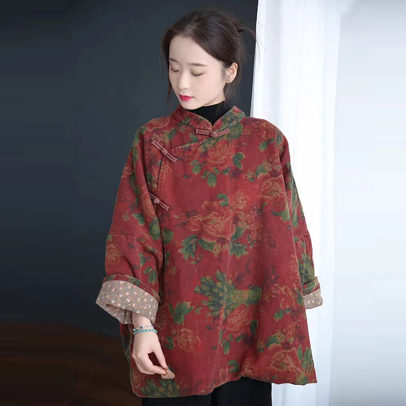

Autumn Winter Chinese Style Women Bat Sleeved Padded Jacket Good Quality Cotton Linen Vintage Print Loose Thick Warm Coat Tj24
