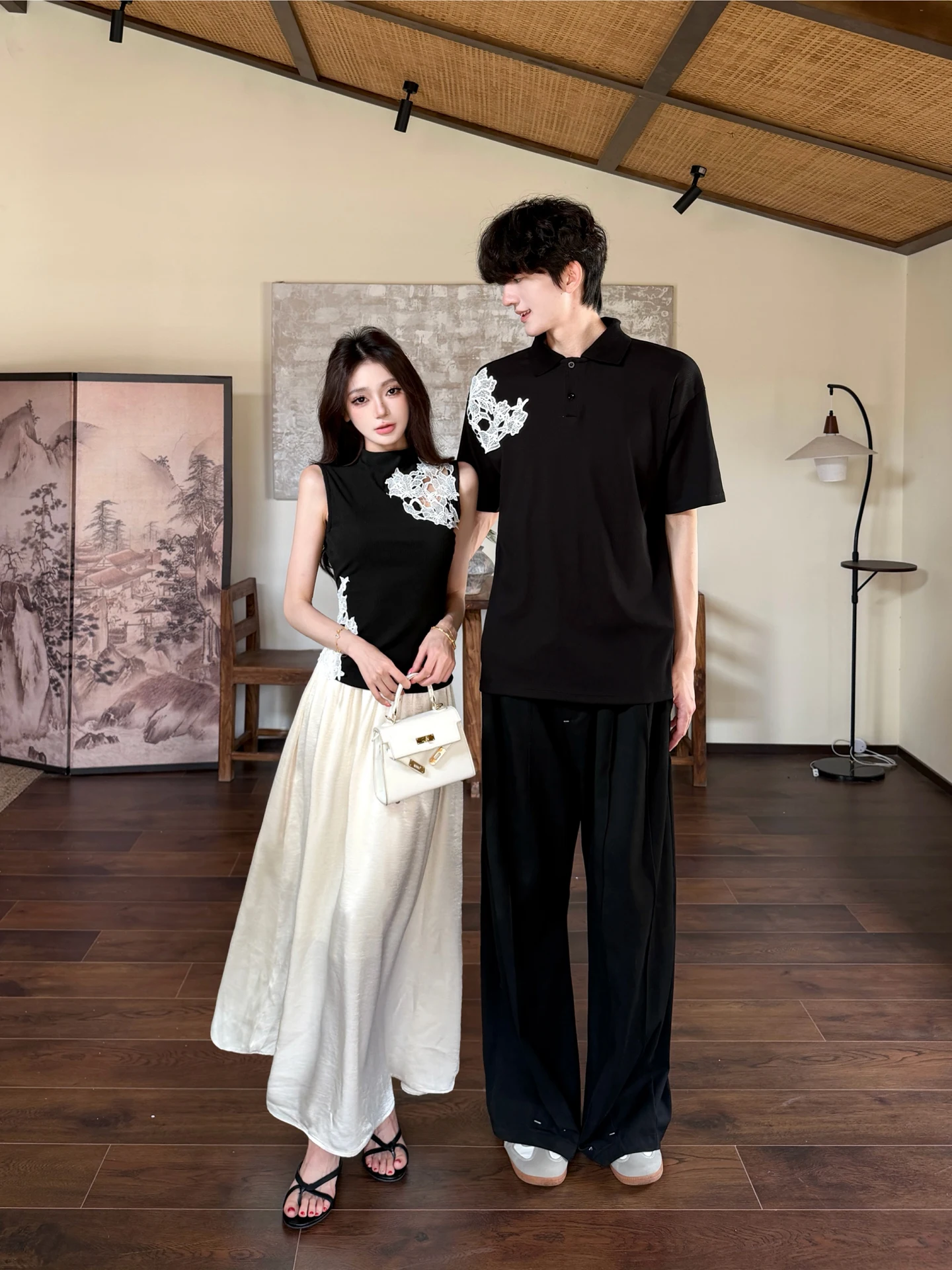 New Chinese Style Couple Matching Summer Short Sleeve  Neck T-Shirt Lace Splicing Top Half Skirt Set One Shirt One Skirt