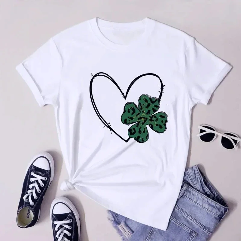 Leopard Clover Heart Print T-shirt Happy St Patrick's Day Gift Tshirt Cute Women Irish Shamrock Lucky Tops Summer Clothing