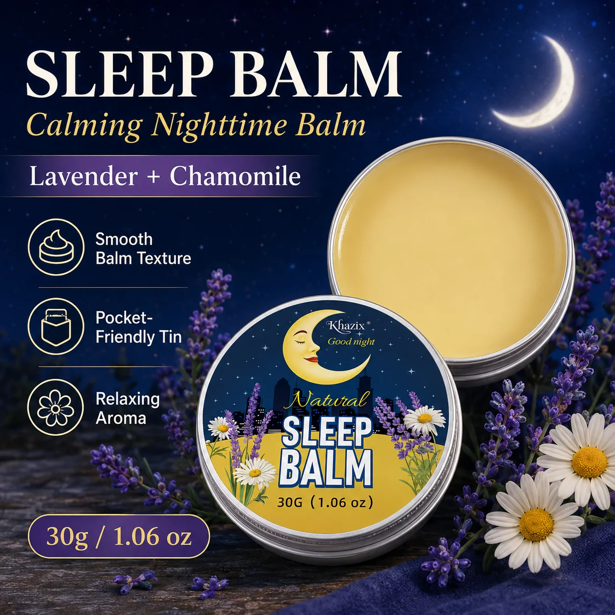 30g Sleep Balm Lavender Chamomile Nighttime Balm Calming Aroma Smooth Skin Friendly Pocket Size for Bedtime Routine Trave