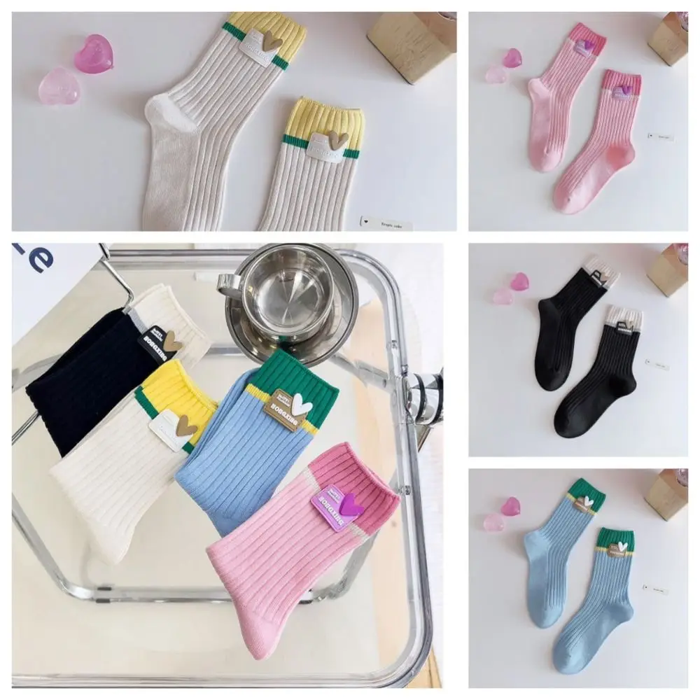Sweet Mid-tube Color Matching Double Needle Socks Cotton Harajuku Casual Socks Soft Comfortable Female Hoisery Outdoor
