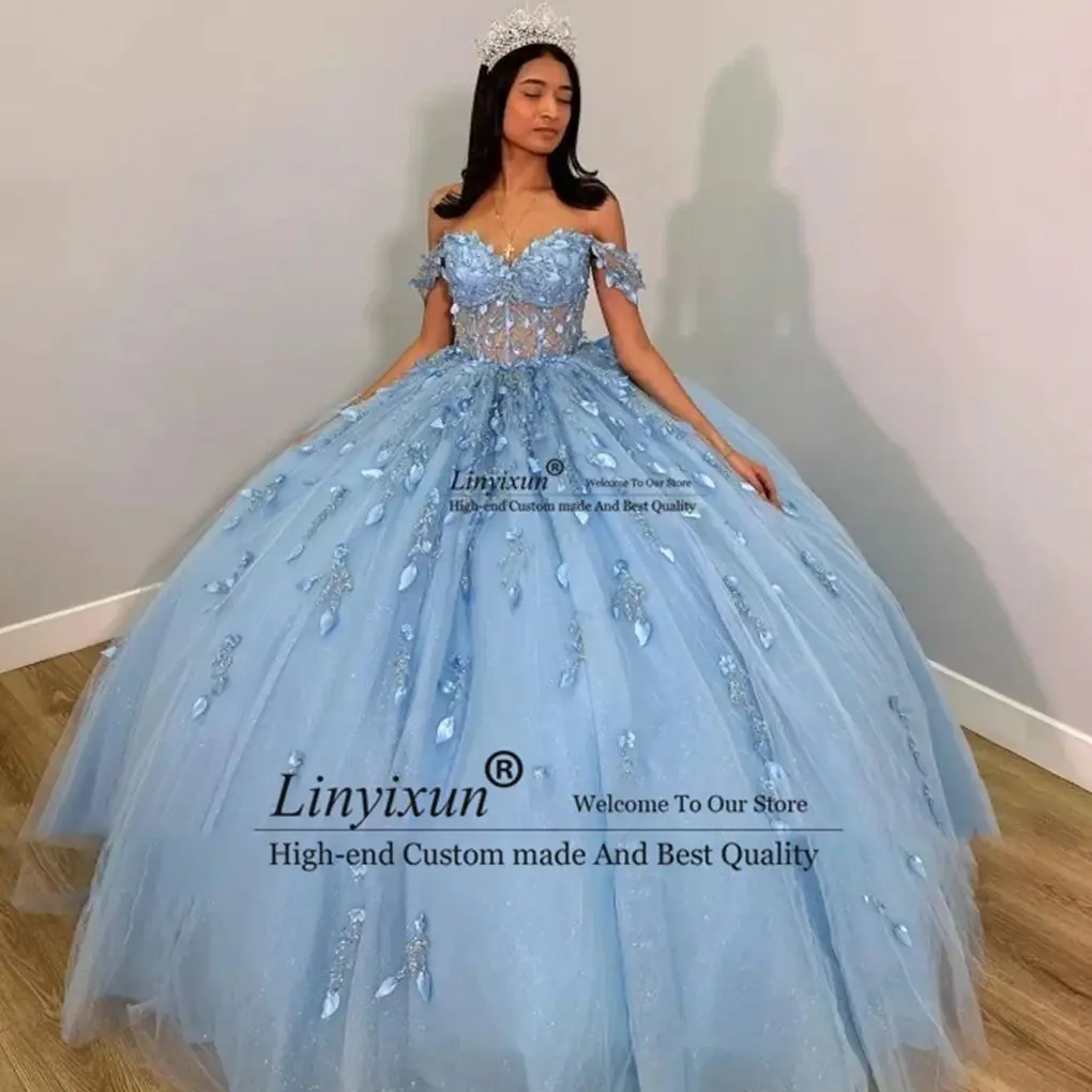 Luxury Design Sky Blue Princess Quinceanera abiti Off spalla Sparkly Flower Appliques Beads Gown Sweet 16 abiti Vestido