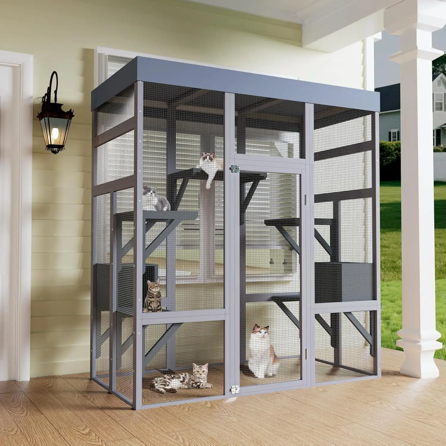 Recinto per gatti da esterno in legno da 70 pollici (178 cm), con tetto impermeabile e resistente ai raggi UV, 5 piattaforme e 2 box per il riposo, rete metallica antiruggine per patio o giardino.