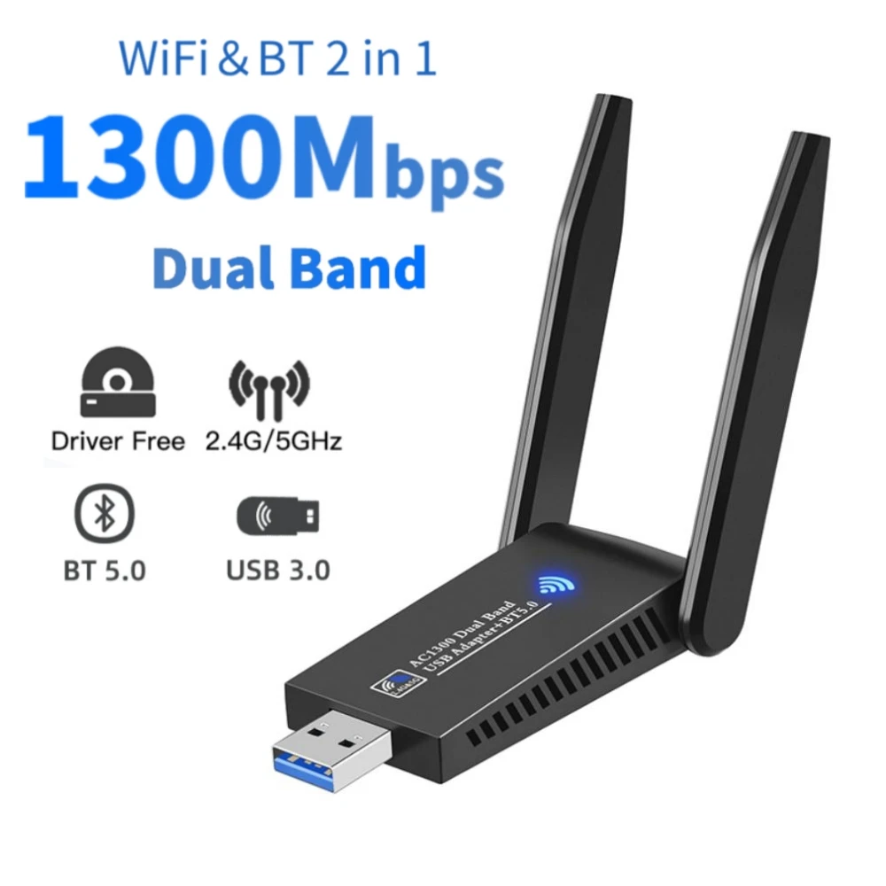 

1300Mbps WiFi Bluetooth 5.0 Wireless Network Card USB 3.0 Dual Band 2.4GHz 5GHz Adapter With Antenna For Laptop PC Mini Dongle